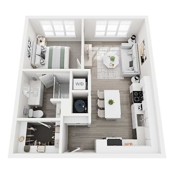 A top-down view of a well-organized apartment with a kitchen, living room, and bathroom.
