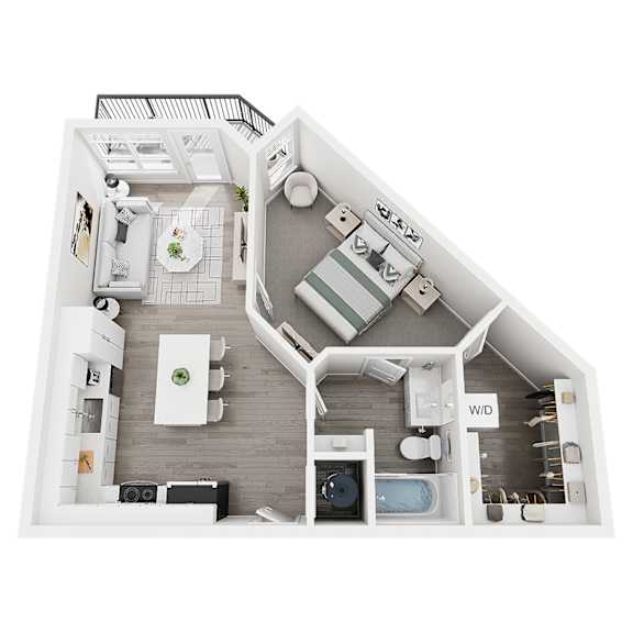 A top down view of a small apartment with a kitchen, living room, and bathroom.