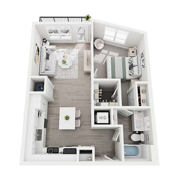 A top-down view of a small, well-organized apartment with a kitchen, living room, and bathroom.