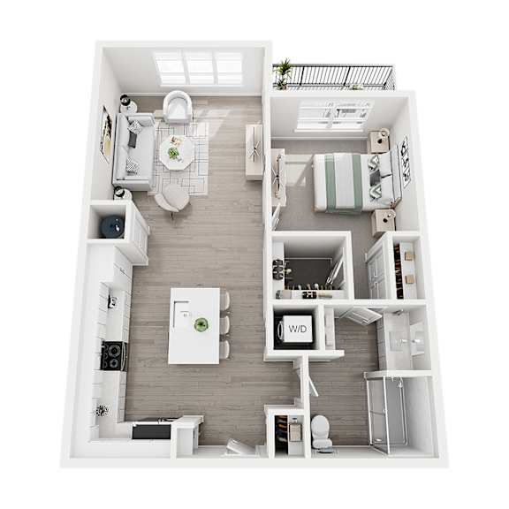A top-down view of a small, well-organized apartment with a kitchen, living room, and bathroom.