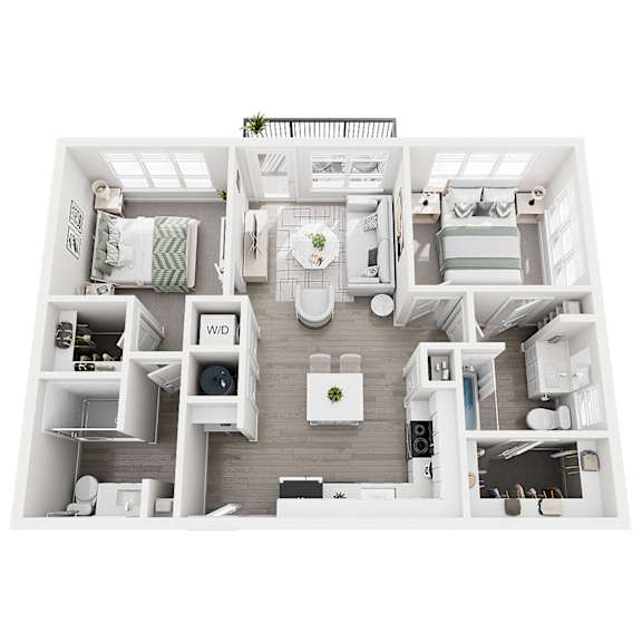 A top-down view of a small, well-organized apartment with a kitchen, living room, and bathroom.