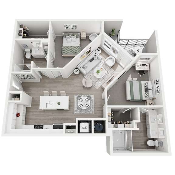 A top-down view of a small apartment with a kitchen, living room, and bathroom.