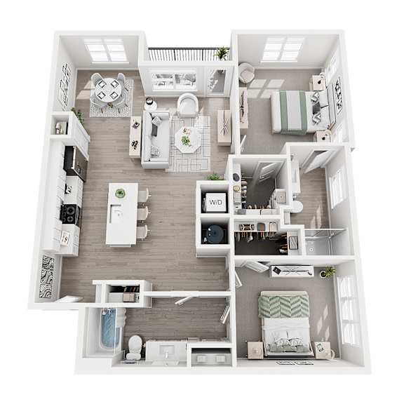 A top-down view of a small apartment with a kitchen, living room, and bedroom.
