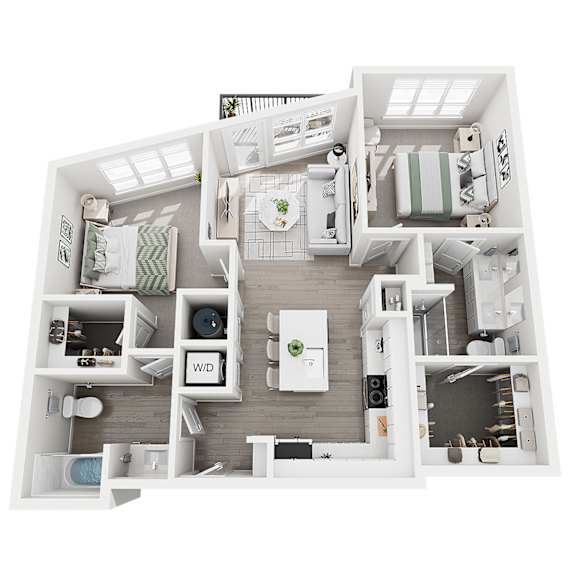 A top down view of a small apartment layout.