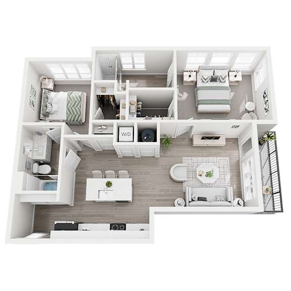A top-down view of a well-organized apartment with a kitchen, living room, and bedroom.