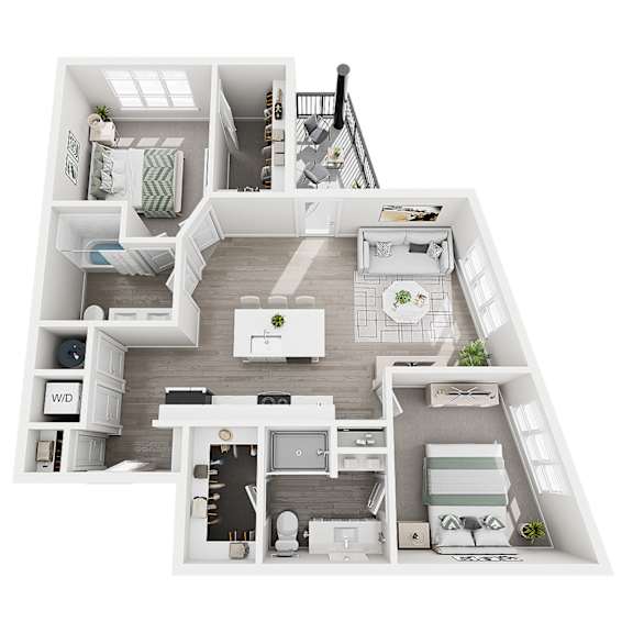 A 3D floor plan of a small apartment with a kitchen, living room, and bedrooms.