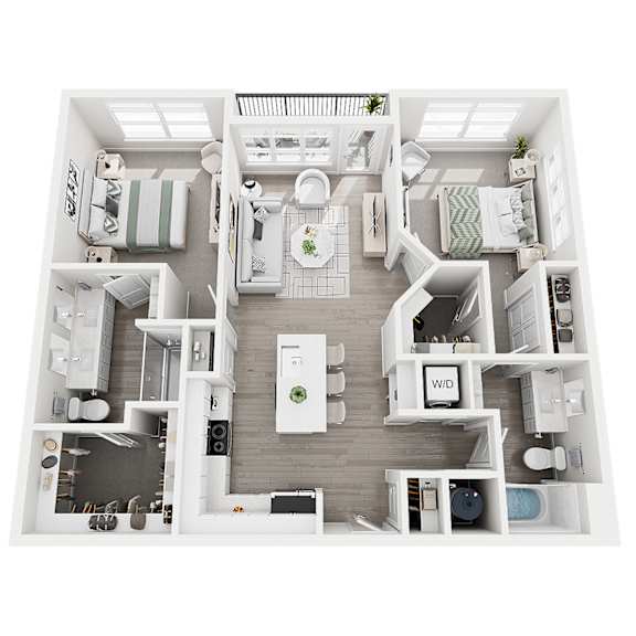 A top-down view of a small, well-organized apartment with a kitchen, living room, and bathroom.