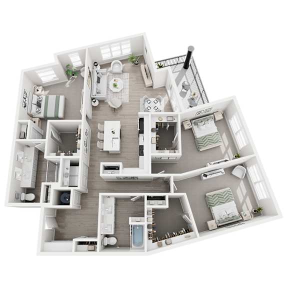 A 3D floor plan of a house with multiple rooms and furniture.