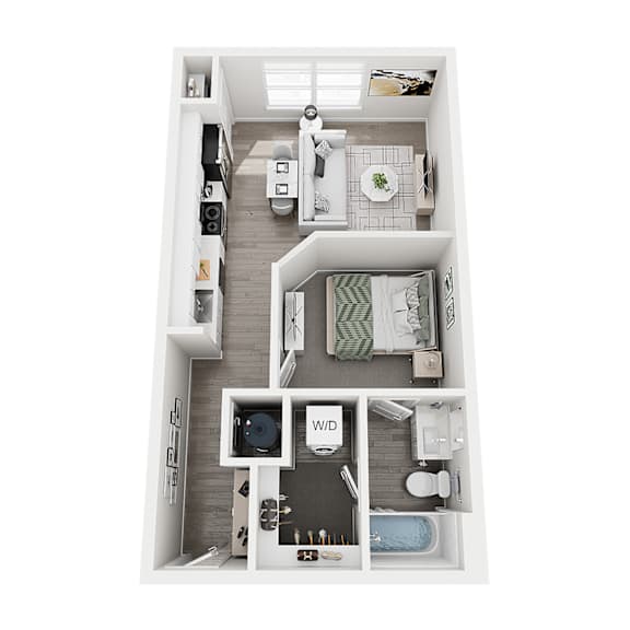 A top down view of a small apartment with a kitchen, living room, and bathroom.