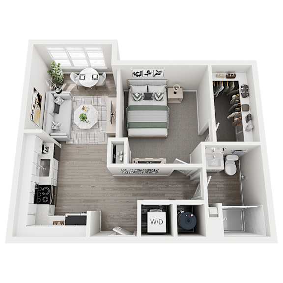 A top-down view of a small apartment with a kitchen, living room, and bedroom.