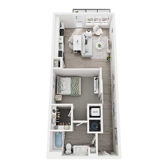 A top-down view of a small apartment with a kitchen, living room, and bathroom.