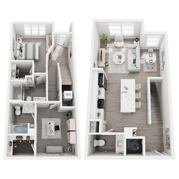 Two images of a small apartment layout with a kitchen, living room, and bathroom.