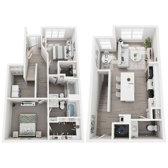 A top-down view of a small apartment with two bedrooms, a living room, and a kitchen.