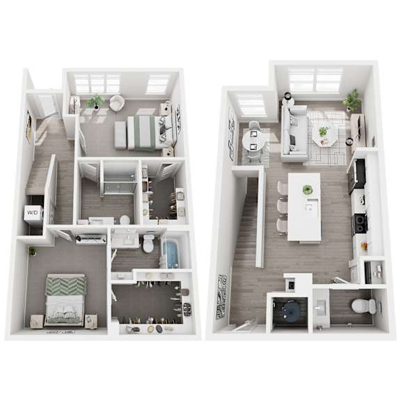 A floor plan of a small apartment with two bedrooms and two bathrooms.