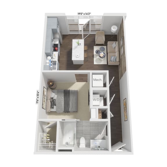 the bungalow floor plan with bedroom and living room