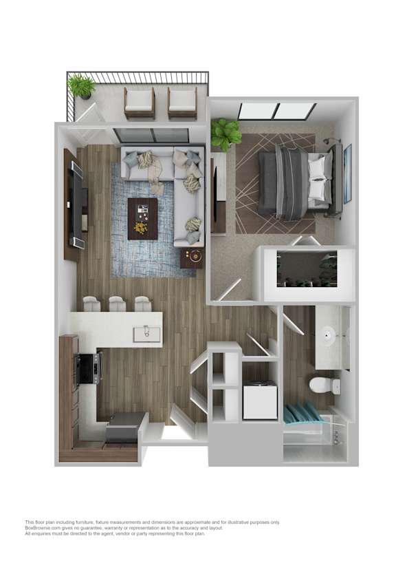 A floor plan of a small apartment with a kitchen, living room, and bedroom.
