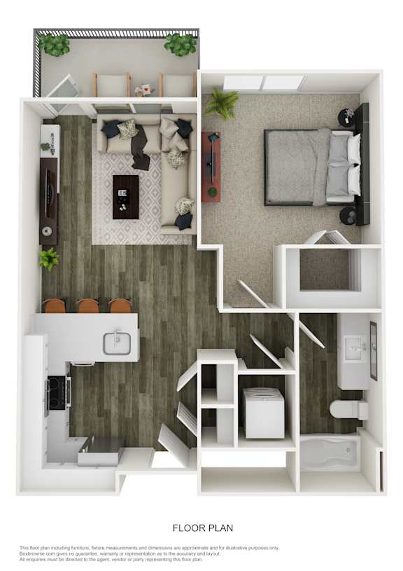 A floor plan of a small apartment with a kitchen, living room, and bathroom.