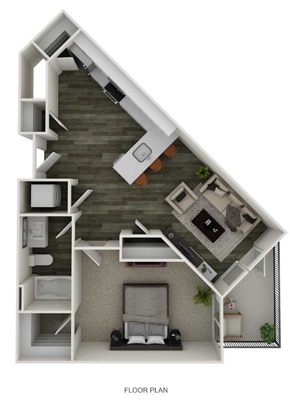A floor plan of a small apartment with a kitchen, living room, and bathroom.