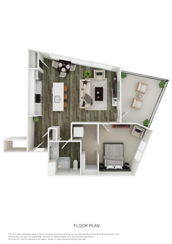 A floor plan of a small apartment with a kitchen, living room, and bathroom.