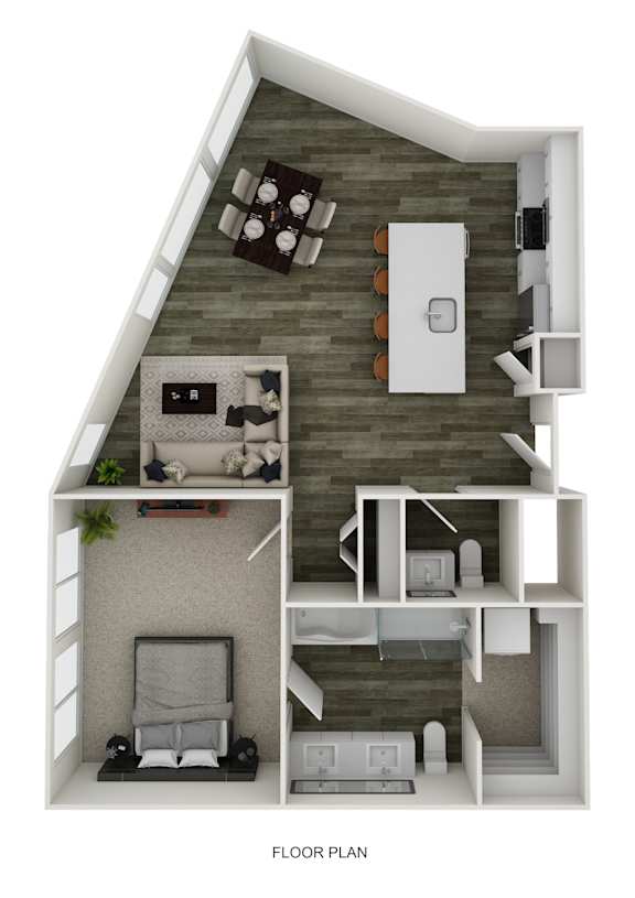 A floor plan of a small apartment with a bedroom, living room, and kitchen.