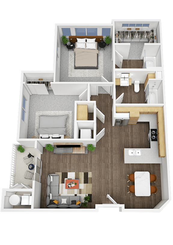 A floor plan of a house with a living room, dining room, kitchen, and two bedrooms.
