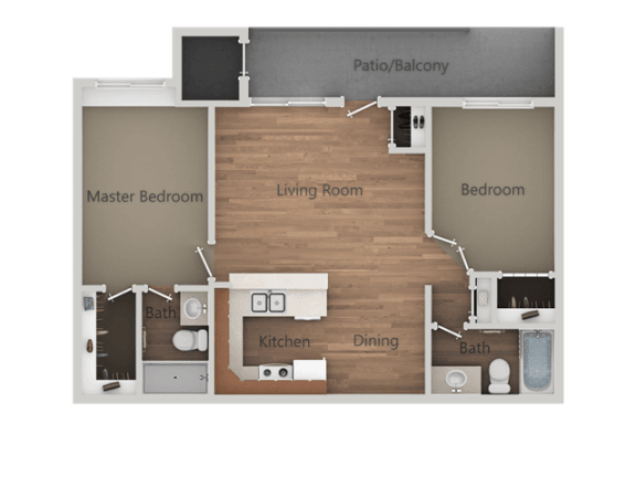 2 Bedroom 2 Bathroom Floor Plan at Rio Seco Apartments, Tucson, AZ, 85746
