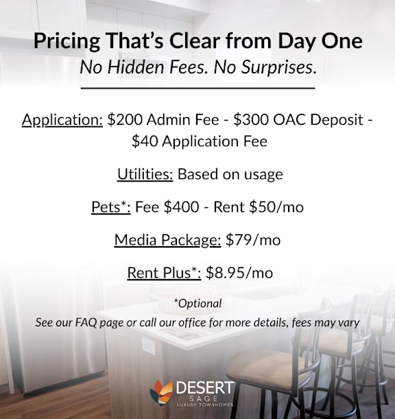 A flyer detailing the clear pricing of an apartment from day one, including administration fees, utilities, pets, media package, and rent plus.