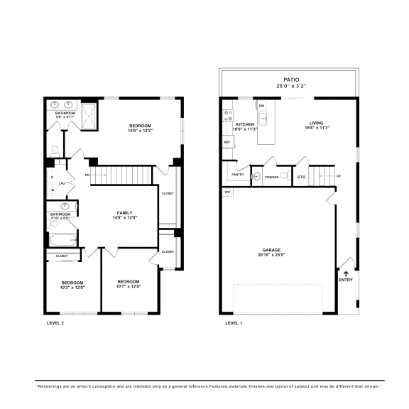 Desert Sage Townhomes 3x2.5  Floorplan with Room Dimensions at Desert Sage Townhomes, Hurricane