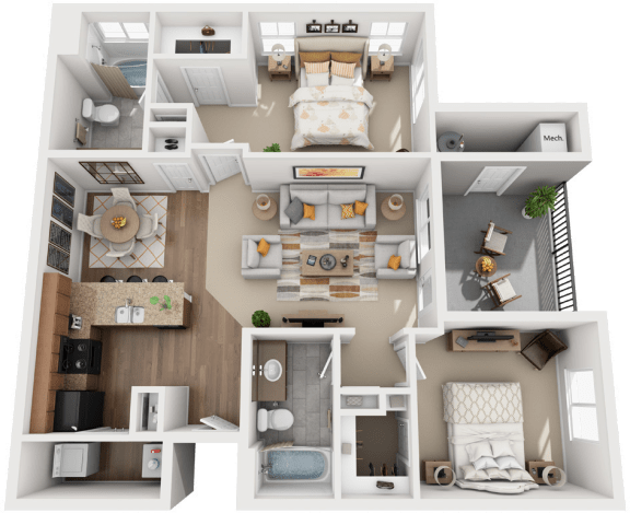 2 Bed 2 Bath Floor Plan at Falls at Riverwoods Apartments & Townhomes, Logan