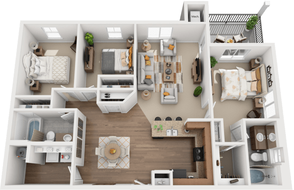 3 Bed, 2 Bath Floor Plan at Falls at Riverwoods Apartments & Townhomes, Utah