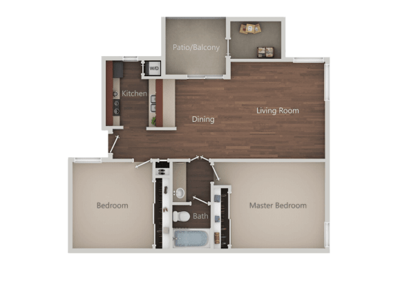Two Bed One Bath Floor Plan at Eucalyptus Grove Apartments, Chula Vista, 91910