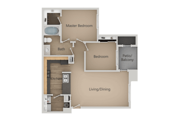 Two Bed One Bath Floor Plan at Four Seasons at Southtowne Apartments, South Jordan, Utah