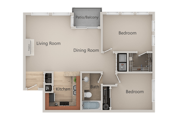 Two Bed One Bath Floor Plan at Metropolitan Collection Apartments, Renton, 98057