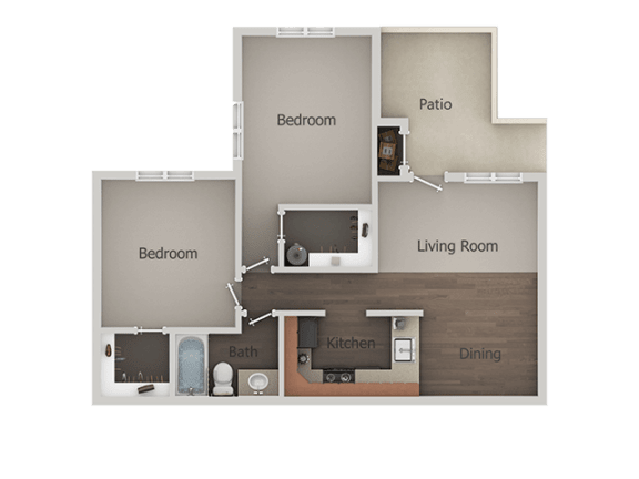 2 Bedroom 1 Bathroom Floor Plan at River Point Apartments, Arizona, 85712