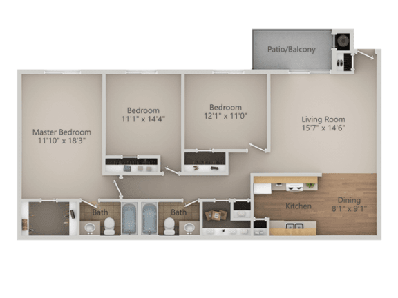 3 bedroom 2 bath Floor Plan at Courtyard at Central Park Apartments, Fresno, California