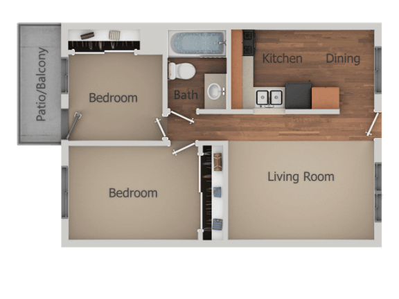 2 Bedroom 1 Bath Floor Plan at Creekside Villas Apartments, San Diego