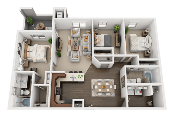 Three Bed Two Bath Floor Plan at Four Seasons Apartments & Townhomes, North Logan, UT