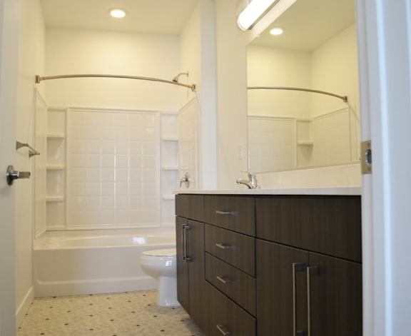 Bathroom with Oval Tub and Additional  Storage at Parc West Apartments, Draper, UT