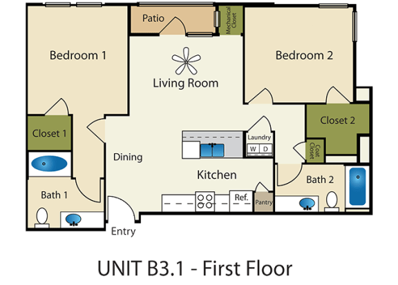 2 Bedroom 2 Bathroom Floor Plan at Providence Place Apartments, Salt Lake City