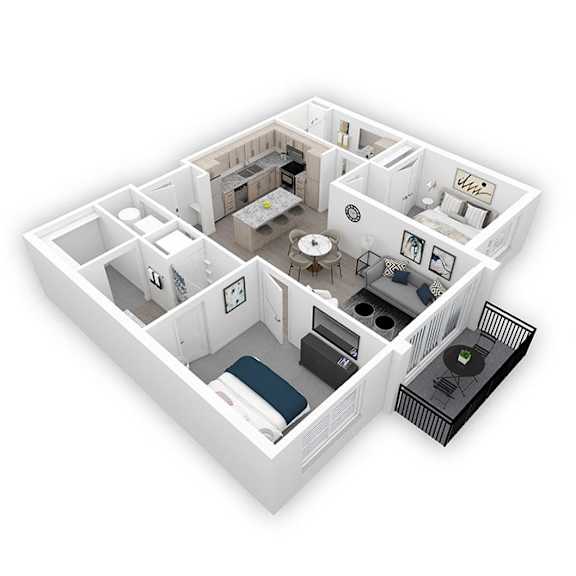 A 3D floor plan of a small apartment with a kitchen, living room, and bedroom.