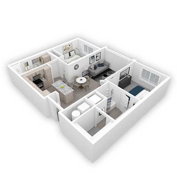 A 3D floor plan of a house with a kitchen, living room, and bathroom.