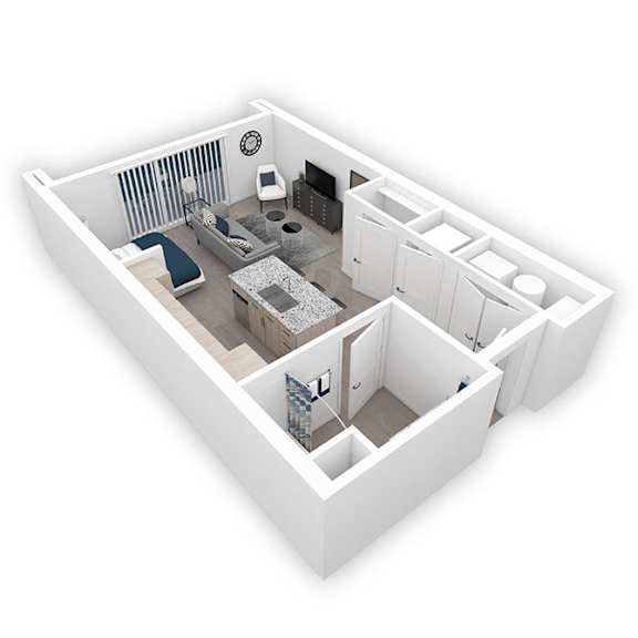A white 3D floor plan of a small apartment.