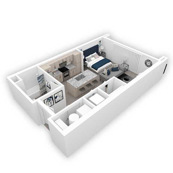 A white room with a bed and a table.