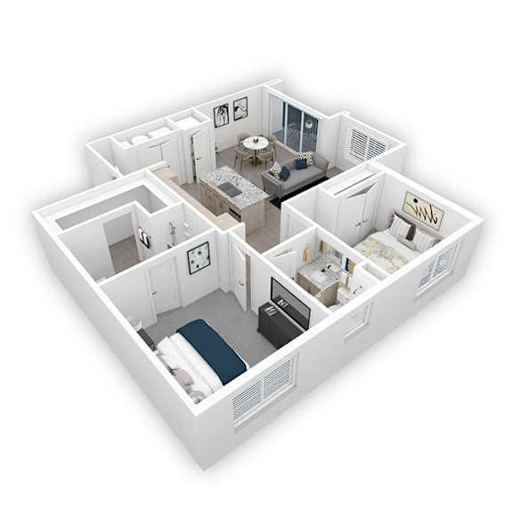 A 3D image of a small apartment layout.