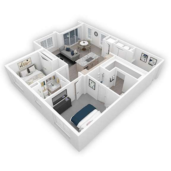 A 3D floor plan of a small apartment with a bedroom, living room, kitchen, and bathroom.