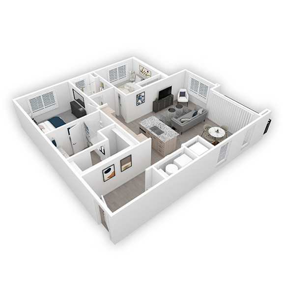 A 3D image of a small apartment layout.