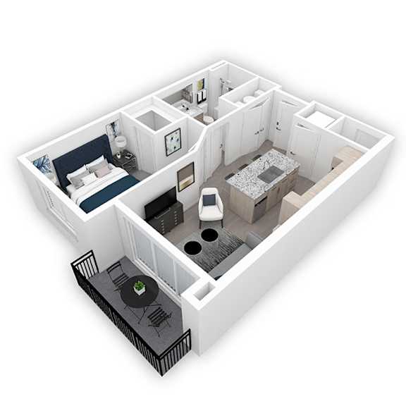 A 3D floor plan of a small apartment with a bedroom, living room, kitchen, and bathroom.