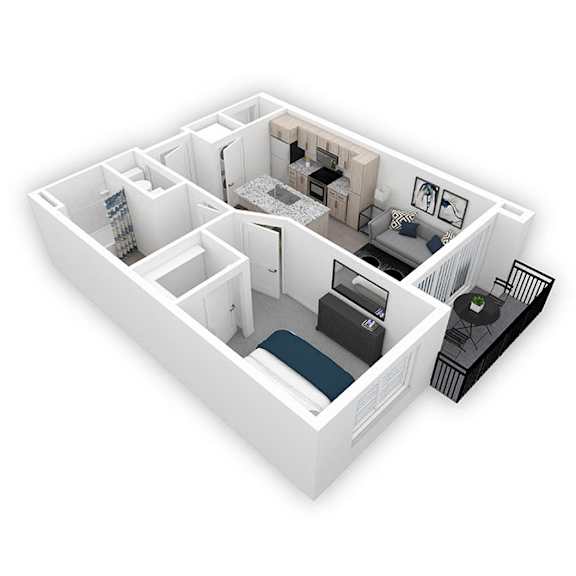 A 3D floor plan of a house with a kitchen, living room, and two bedrooms.