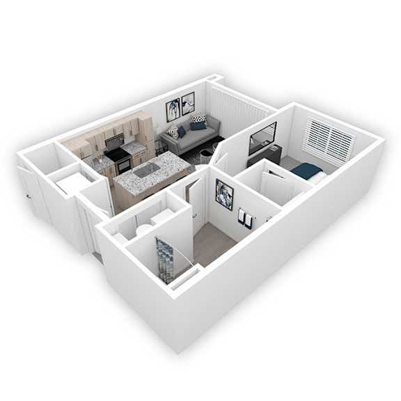 A white 3D floor plan of a house with multiple rooms.