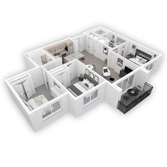 A 3D floor plan of a house with a kitchen, living room, and bedrooms.